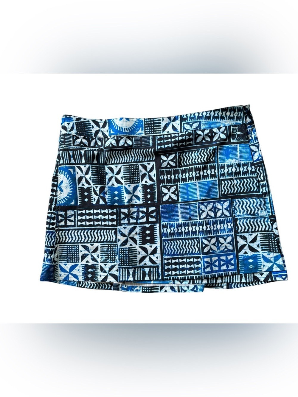 Rip Skirt Hawaii Wrap Skirt Blue Pacifica Tapa Geometric Print Sz XL Adjustable